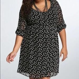 Torrid Diamond Print Sheer Chiffon Shirt Dress 3/4 Sleeve Black & White Size 1